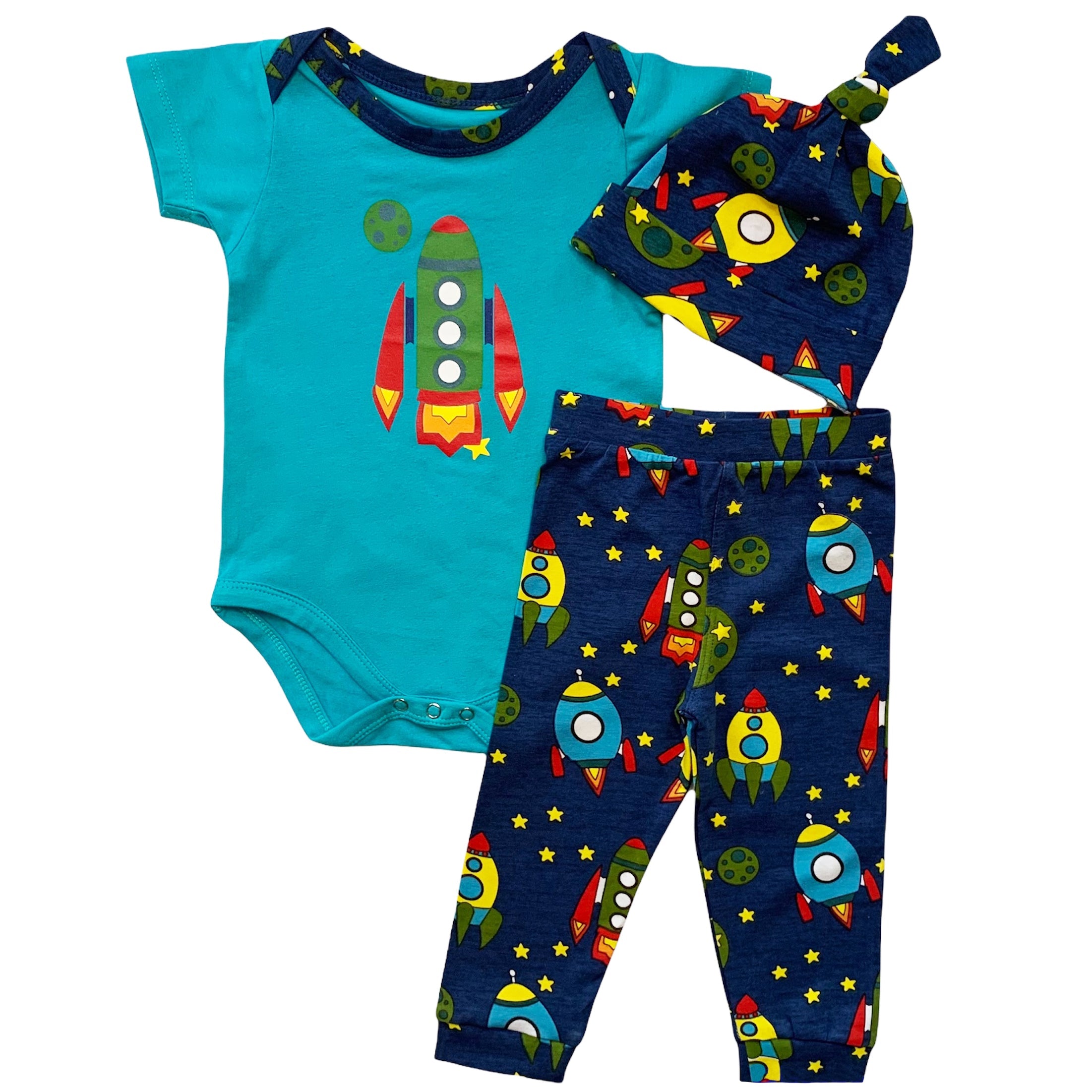 Baby Boy Space Ship Layette 3-Piece Gift Set - Onesie, Pants & Cap