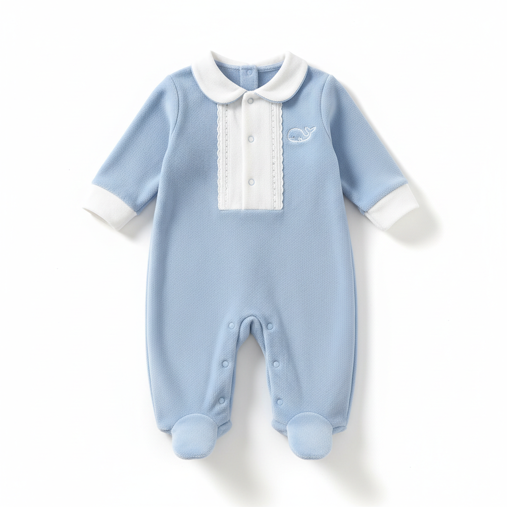 Baby Boy Romper - Soft Blue & White